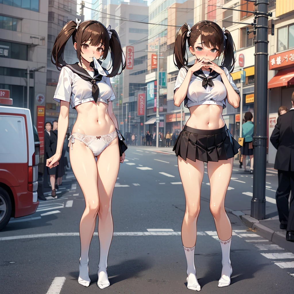 (((masterpiece, Highest quality, High resolution, 超High resolution, Perfect Pixel, Depth of written boundary, 4K, RTTX 10.0))), Beautiful Anime Women, Beautiful art style, Anime characters, ((Smooth texture, Realistic texture, Anime CG Style)), Exact finger count、Exact number of legs、(Exact number of arms:1.0, Exact number of hands:1.0), (Perfect hands, Perfect Anatomy.1.5), Cinematic, Realistic, Extremely detailed CG, Daytime lighting, Perfect lighting, Best Shadow, The best natural light, Perfectly balanced style, Perfect body, (Slender body:1), whole body, ((bangs, Dark brown hair, Twin tails)), ((A woman is standing there holding her shirt in her mouth and flipping up her skirt.:1.4)), (Fashionable white shirt, Sailor collar, Black knee socks, Pleated mini skirt:1.3), (Sexy and cute white bra, Stylish shiny satin bra, White micro lace bra), ((Sexy and cute panties, Stylish shiny satin panties, Side tie panties, Panties with plain white center and black lace on the sides, Small lace panties:1), White panties:1.3), (beautiful and big breasts:1.2), (Embarrassed expression:1.4), (blush:1.2) , (Akihabara-like streetscape, In town, building, Sidewalk, Intersection in the background, :1.3), Angle from the front