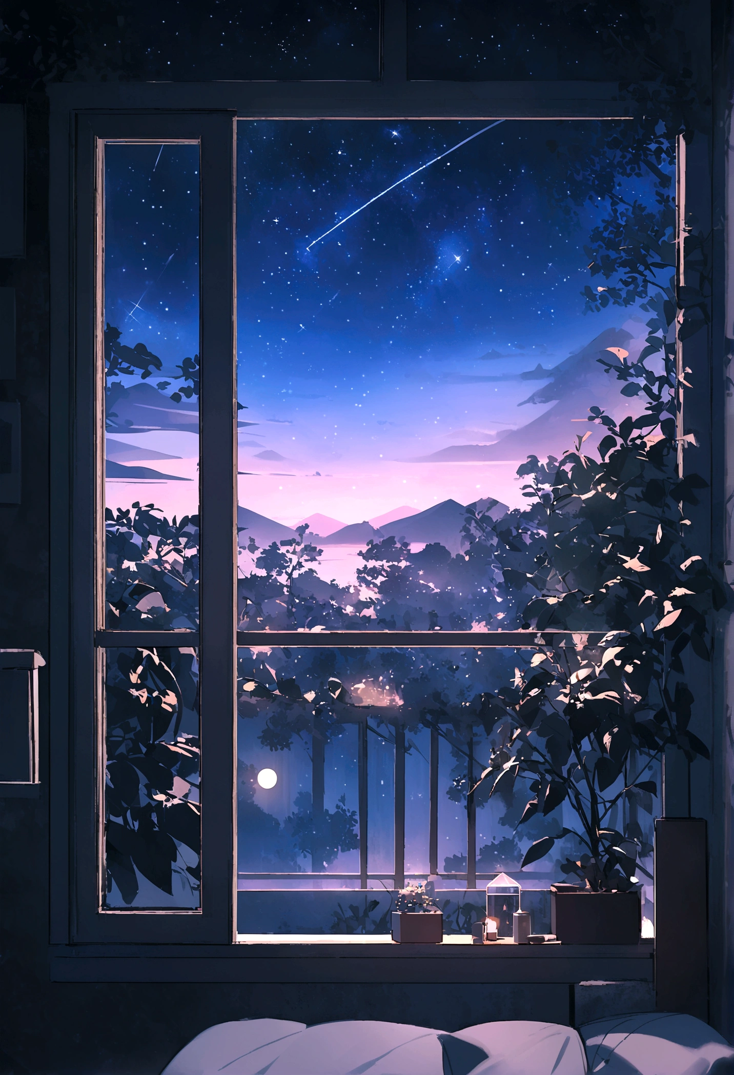 Aerial view of bedroom,There is a bed and the night sky, The art of math inspired by Filip Hodas, pexels contest winners, The art of math, dream like atmosphere 8k, The outside space seen from the window, Night under the stars, moonlit starry sky environment, Bedroom Background, Galactic environment, Dream Night, Night scenery,--ar16:9