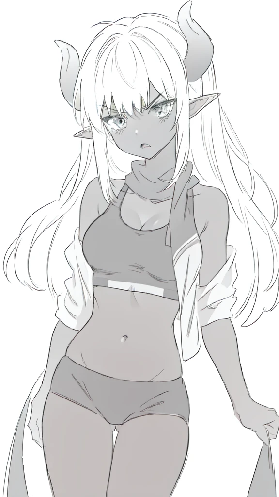 ((1girl,solo,mature female,tall)),medium breasts,long hair, black hair,angry expression,horns,elf ears,black scarf,cleavage,(dark skin),((black sports bra, midriff)),white background
