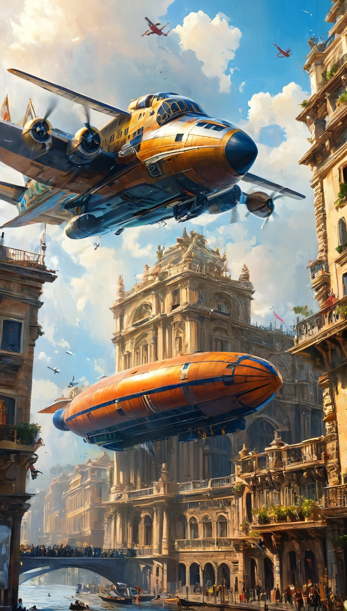 Many islands are floating in the air, A small airship is flying around, City, Fantasy, Extreme Detail, Realistic Light, A magnificent composition, (Intricate details), (Intricate Design, Super detailed :1.2), Art Station, (masterpiece, Highest quality), Ultra HD, 32K  (Close-up portrait of 16yo beautiful Half Italian girl is smiling at viewers:1.6)