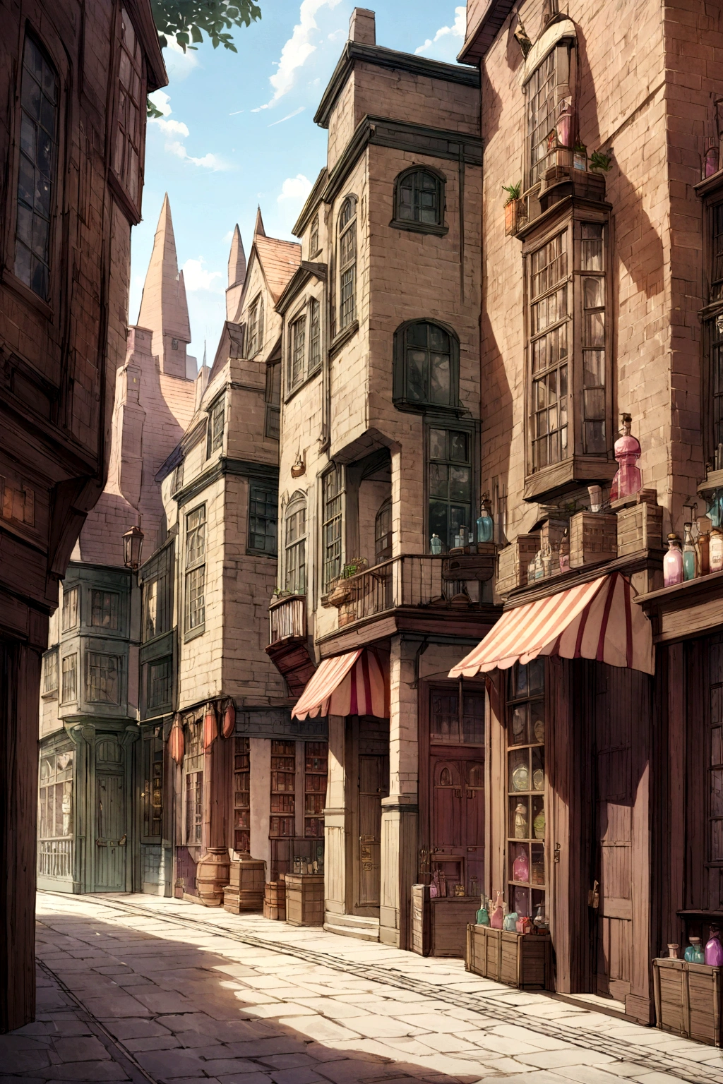 historical setting magic store inside, Emma Watson as Hermione Granger,  front view, harry potter, DIAGON ALLEY, showcase, textured, maximum detail, peltate plate, no people, Highest quality, masterpiece, magic potion, Mythological creatures