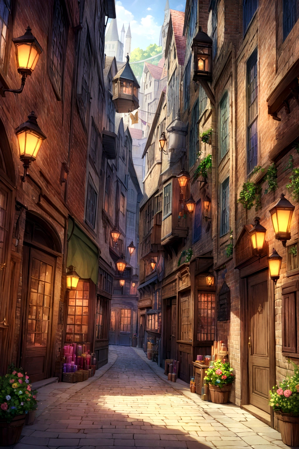 historical setting magic store inside, Emma Watson as Hermione Granger, front view, harry potter, DIAGON ALLEY, showcase, textured, maximum detail, peltate plate, no people, Highest quality, masterpiece, magic potion, Mythological creatures