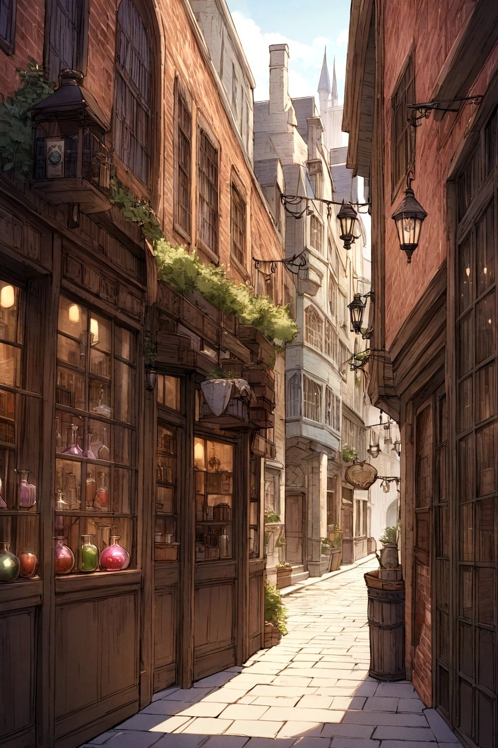historical setting magic store inside, Emma Watson as Hermione Granger, front view, harry potter, DIAGON ALLEY, showcase, textured, maximum detail, peltate plate, no people, Highest quality, masterpiece, magic potion, Mythological creatures