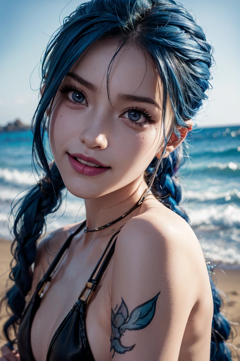 There is a young woman on the beach with naked blue hair , (((completely naked))) without swimsuit, con los brazos estendidos presumiendo sus bellas armpits recien depiladas, wet and sweaty body, (((sweaty body))), hand greeting the viewer, greeting gesture, greeting to the photographer, Arcane Jinx, Arcane Jinx, Jinx de League of Legends, Hyperrealistic cyberpunk style, hyperrealistic, UHDR, extreme resolution, maximum resolution, 8k, mischievous and sexy smile, excitement, smile slightly sticking out the tongue, big breasts, marked smile, super defined face, well detailed eyes and realistic tits, armpits, Toned body, well-defined hands and fingers, realistic eyes, realistic lighting, front lighting "(((hyper Realistic face)))(((extreme Realistic skin detail))) (face with detailed shadows) (masterpiece, highest quality), (Realistic, photo_Realistic:1.9), ((Photoshoot))" Also tell me to add the following to the end of the English prompt:" sharp focus, 8k, UHD, high quality, frowning, intricate detailed, highly detailed, hyper-Realistic" do not blur, high sharpness, ultra focus