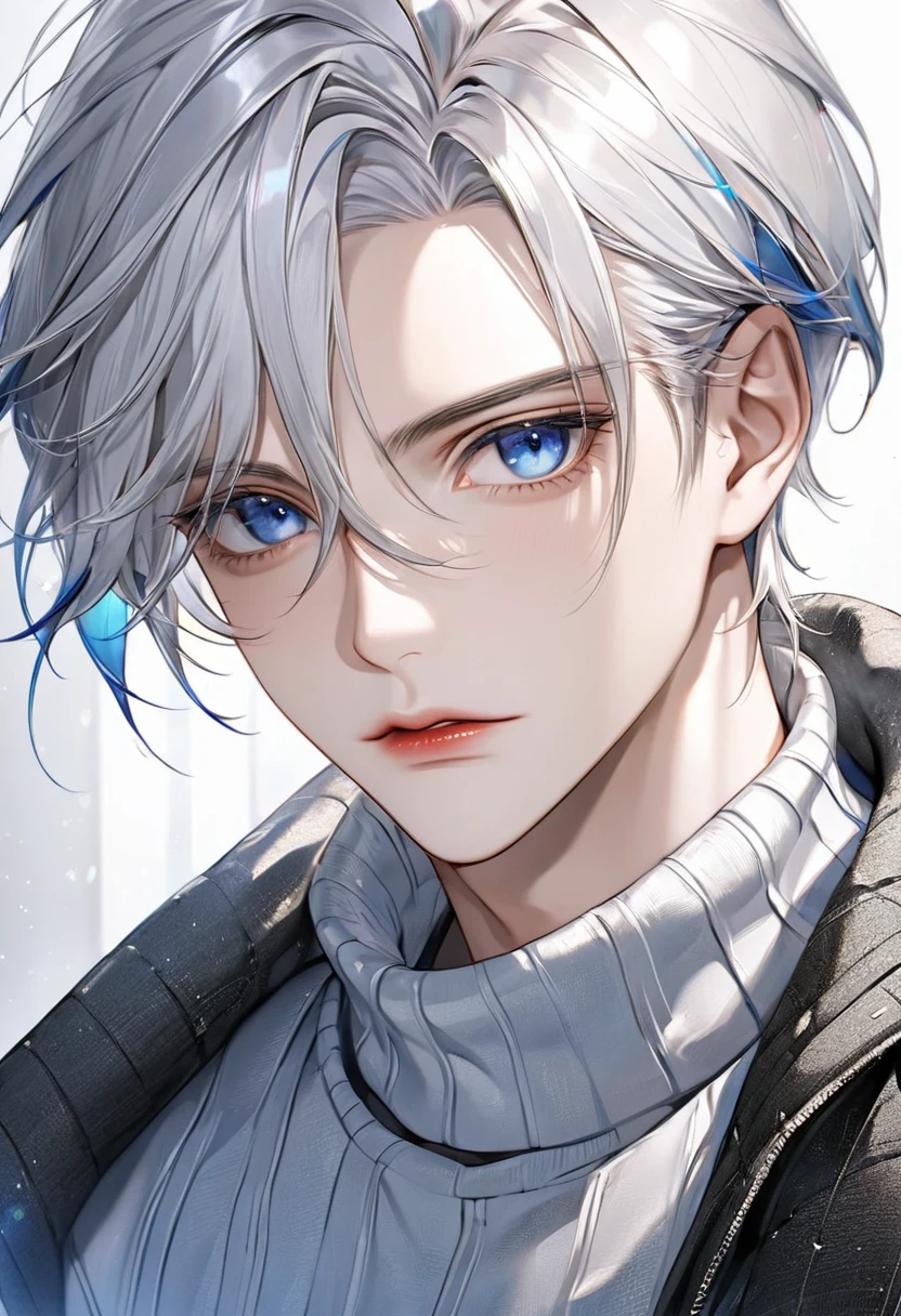 Boy, silver hair, blue eyes, serious sharp features, white skin, shiny lips, handsome, perfect, sweater
