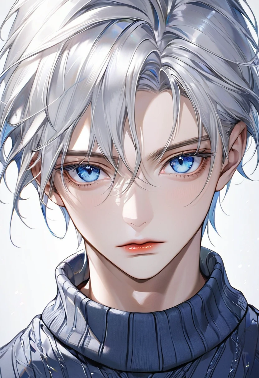 Boy, silver hair, blue eyes, serious sharp features, white skin, shiny lips, handsome, perfect, sweater
