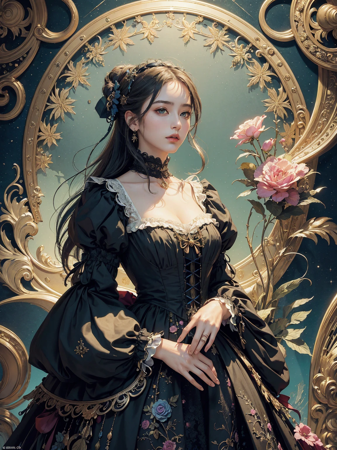 (masterpiece、quality、quality、detailed and complex、official art、aesthetically pleasing:1.3)、(1 woman:1.3)、(fractal art:1.3)、very colorful、vivid、victorian era clothing