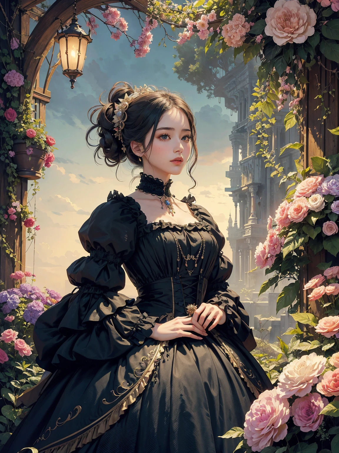 (masterpiece、quality、quality、detailed and complex、official art、aesthetically pleasing:1.3)、(1 woman:1.3)、(fractal art:1.3)、very colorful、vivid、victorian era clothing