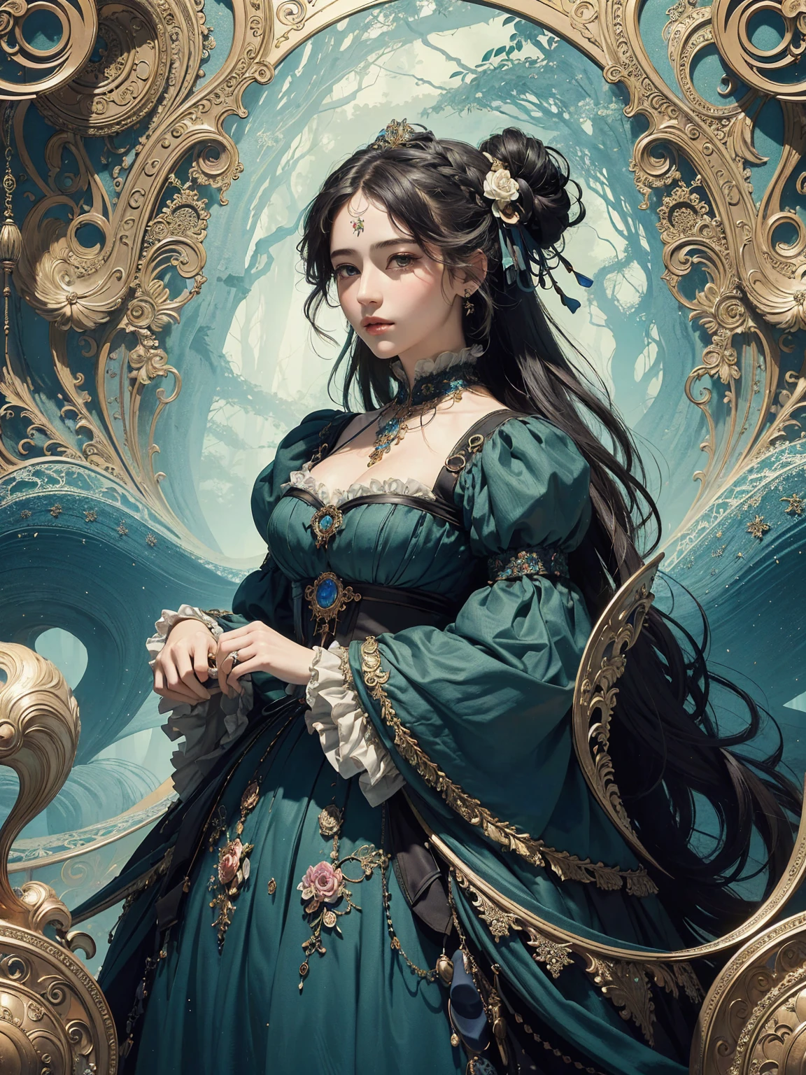 (masterpiece、quality、quality、detailed and complex、official art、aesthetically pleasing:1.3)、(1 woman:1.3)、(fractal art:1.3)、very colorful、vivid、victorian era clothing