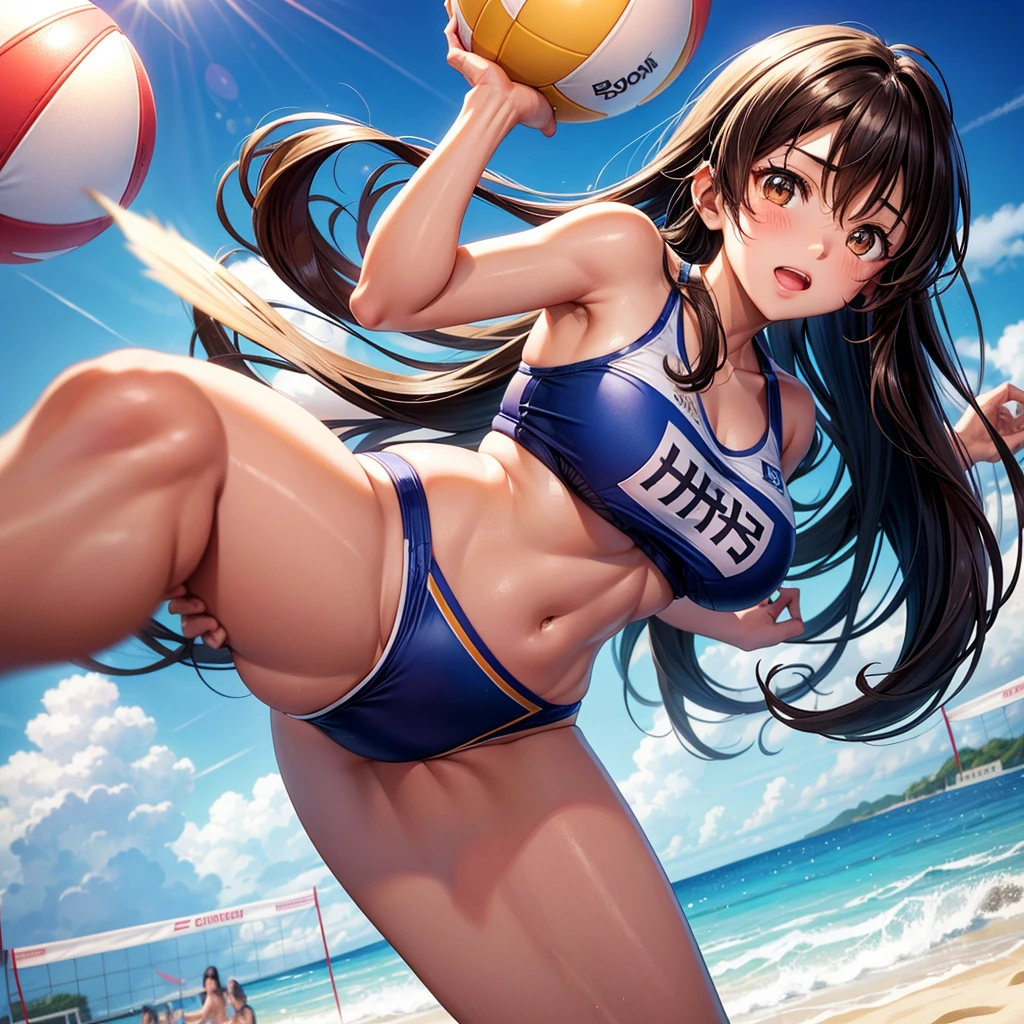 solo / Brown eyes, long dark hair, / big tits / girl with、lighting like a movie、The bikini、beachvolley、beach volley ball、spring、jump、、jump、shout out、