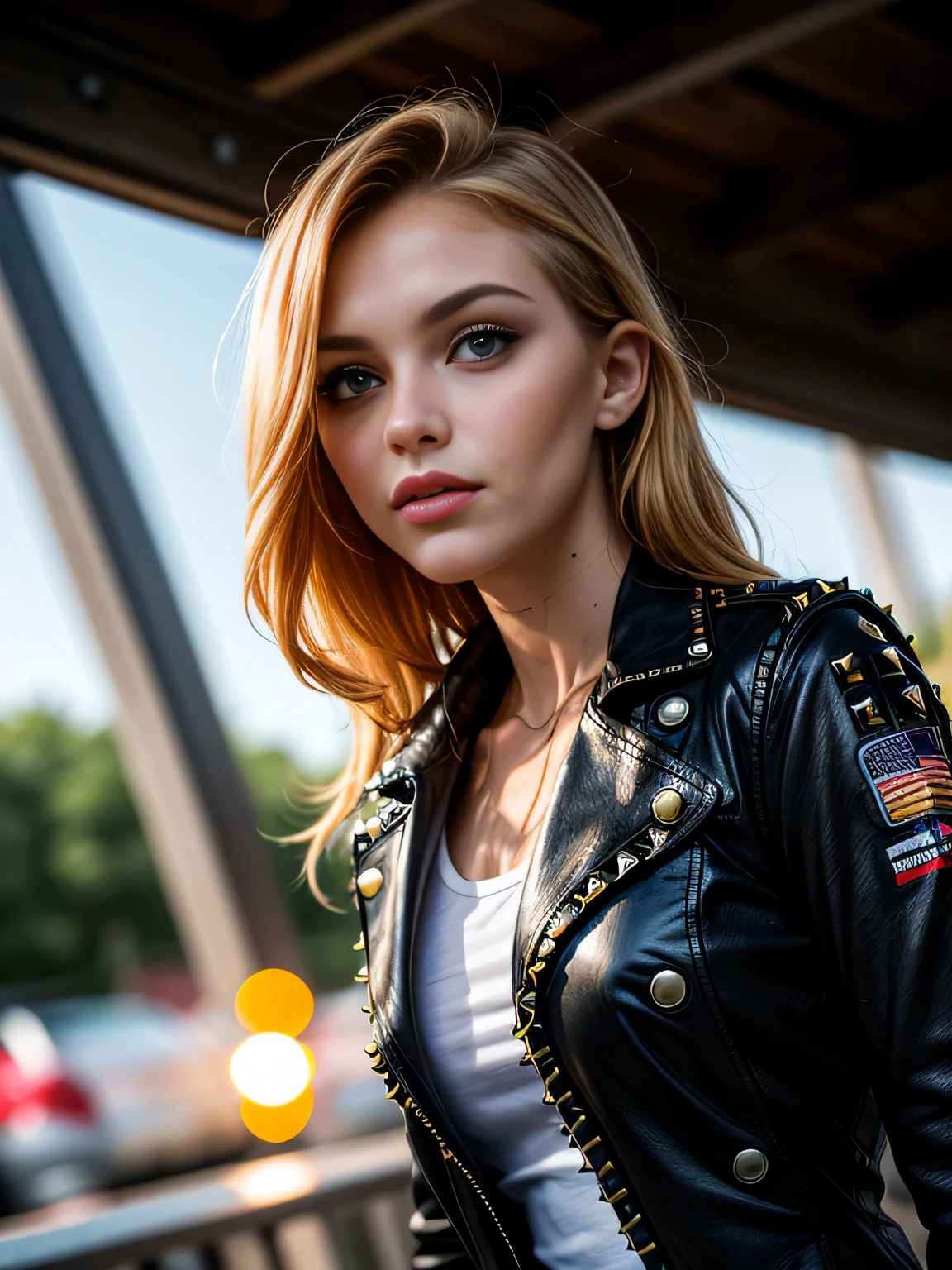 (masterpiece, photorealistic:1.4, extremely intricate:1.3, radiosity, photon mapping, dtx), ((20 year old muscular supermodel, ((25 years old), serious, long eyelashes, makeup:1.2), black leather trench coat, cleavage t-shirt, ((((chrome rivets)), side view:0.8, from below)))), ((([skin detail:freckles:0.6], portrait, closeup))), outdoor, NASCAR, faraway racetrack, professional photograph, (long curly [blonde hair:orange hair:0.2], wind), BREAK ((sunset), bokeh, blurry background), BREAK, ((([small breasts:large breasts:0.9])))