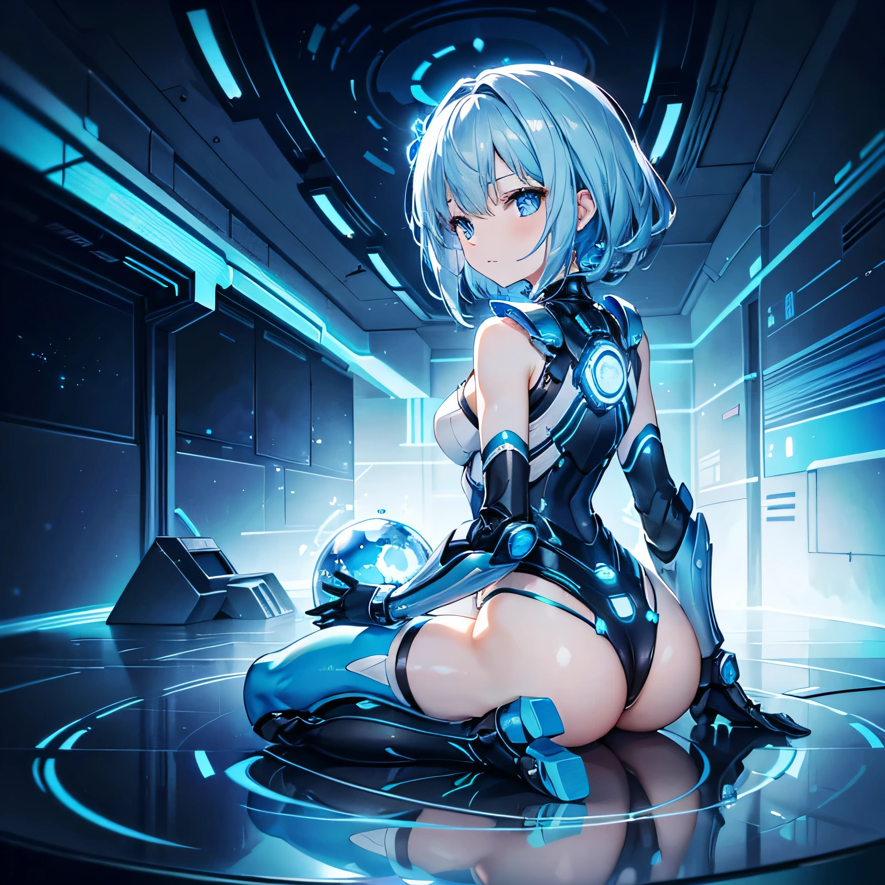8K, Highest quality, (real:1.4), Original photo, 1 girl, Asari Hair, Biological Amplifier, Very sleek and futuristic armor, posture: Peace talks between warring factions,,attention arousal, smart blue eyes,A modest smile,Knee-high boots,Patent-look blue tights,Blue big moon and blue light swirl in the background,Blue light from behind,blue light magic,A small, glowing blue ball in the palm of your hand,Blue flame swirl,Blue Comet,Polished floor,
