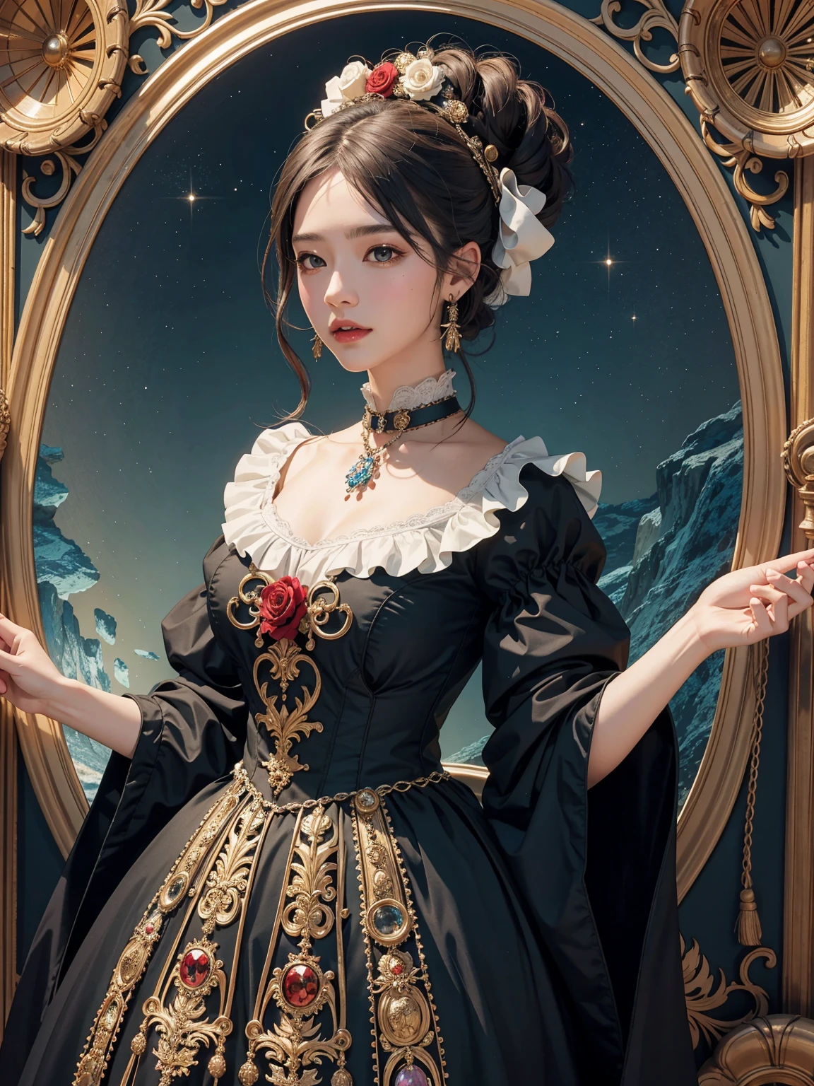 (masterpiece、quality、quality、detailed and complex、official art、aesthetically pleasing:1.3)、(1 woman:1.3)、(fractal art:1.3)、very colorful、vivid、victorian era clothing