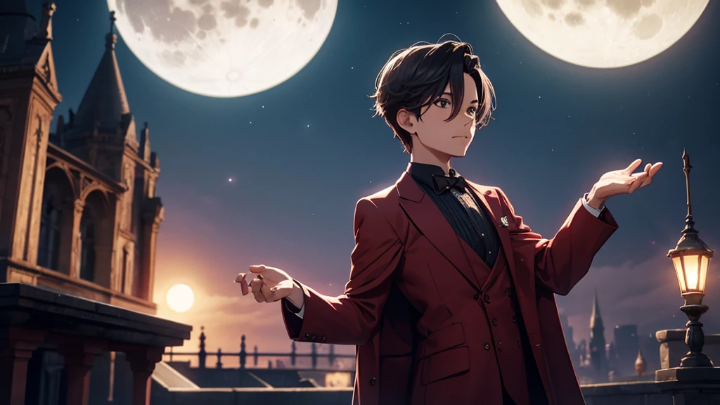 A Magician, standing backwards, wearing a long burgundy outfit, casting a spell at night in the open sky looking at the moon