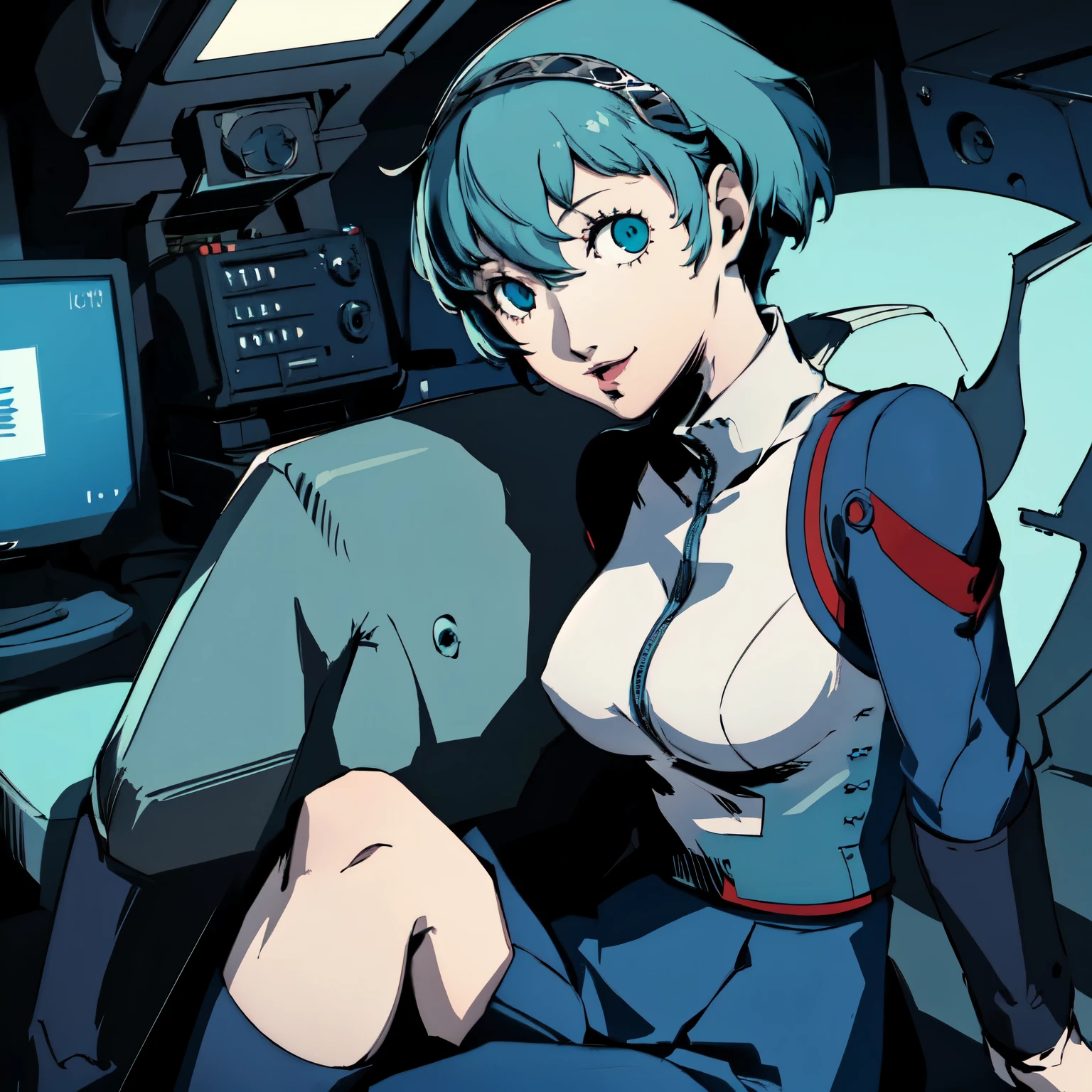 ((P3 Yamagishi Fuuka)),masterpiece, ((best quality)),((1 girl)), blue eyes, light aqua hair, female , tomboy Pixie haircut, deep blue suit,smiling,hacker,in the,dark room,sitting,looking monitor,long skirt,sexy,
