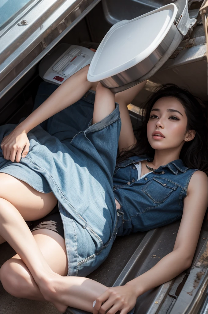 Woman lying in a garbage truck