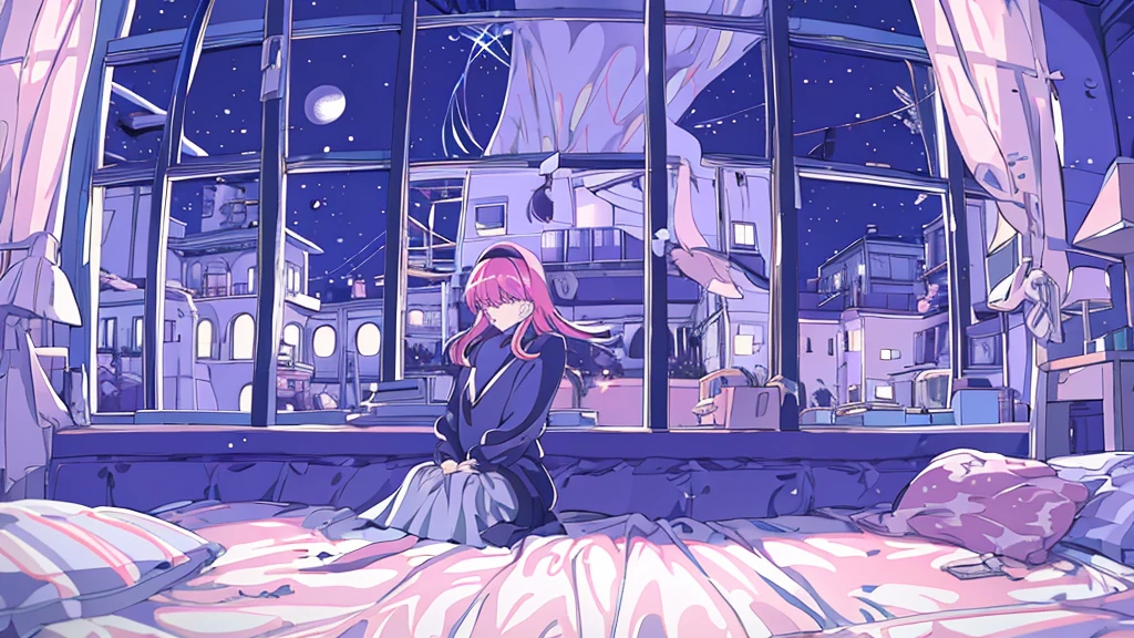 Detailed anime girls, clad in large sweaters, don headband headphones, basking in the praises of admirers. The quiet ambiance, enveloped in a tranquil atmosphere, contrasts the sudden exclamation of "That's horrible!" as she gazes out of her bedroom window into the stillness of the night. A feline companion perched beside her completes this masterpiece of the highest quality.