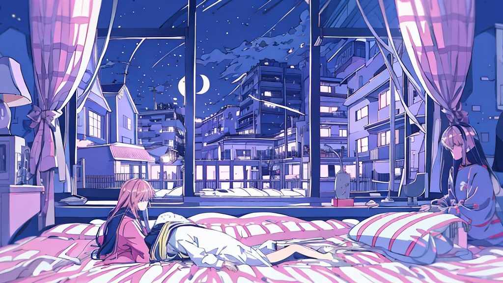 Detailed anime girls, clad in large sweaters, don headband headphones, basking in the praises of admirers. The quiet ambiance, enveloped in a tranquil atmosphere, contrasts the sudden exclamation of "That's horrible!" as she gazes out of her bedroom window into the stillness of the night. A feline companion perched beside her completes this masterpiece of the highest quality.