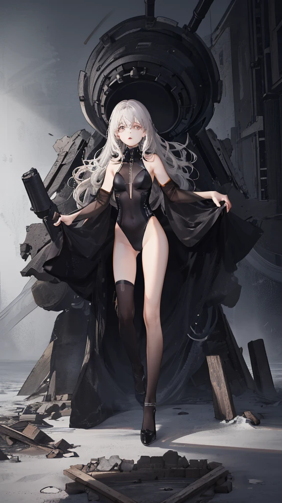 one woman, fox ears, fox tail, silver hair, green eyes, big breasts, leather, see-through, pantyhose, leather dress, bodysuit, mature lady, tall person, wide hips, big ass, sexy,