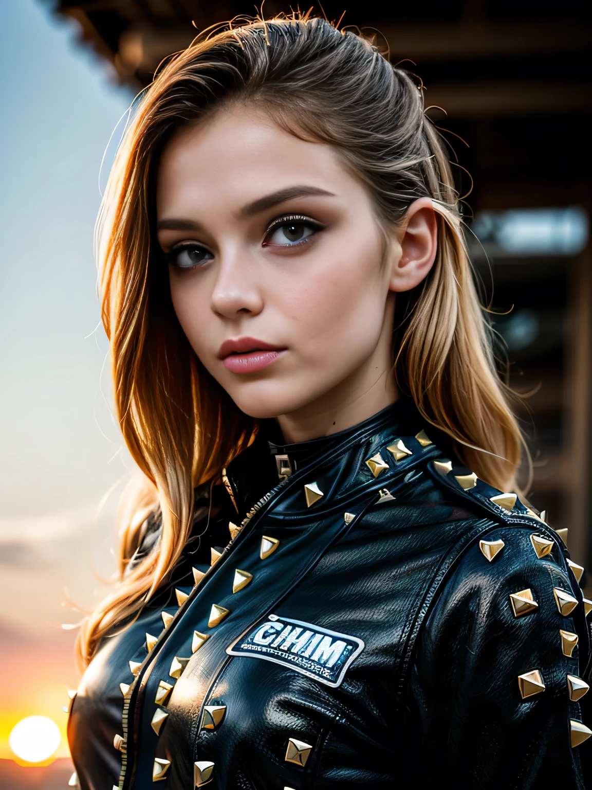 (masterpiece, photorealistic:1.4, extremely intricate:1.3, radiosity, photon mapping, dtx), ((20 year old muscular supermodel, ((25 years old), serious, long eyelashes, makeup:1.2), black leather trench coat, cleavage t-shirt, ((((chrome rivets)), side view:0.8, from below)))), ((([skin detail:freckles:0.6], portrait, closeup))), outdoor, NASCAR, faraway racetrack, professional photograph, (long curly [blonde hair:orange hair:0.2], wind), BREAK ((sunset), bokeh, blurry background), BREAK, ((([small breasts:large breasts:0.9])))