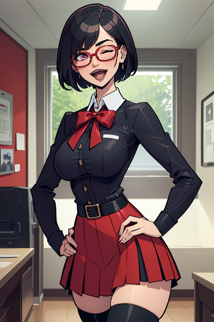 score_9, score_8_up, score_8, volumetric lighting, vibrant colors, 
Nonbinary, blackmailed, (Indian, glasses,  brown skin, short androgynous black hair,  very curvy, wide , chubby,, rounded face, , oval brown eyes,  raised eyebrows, smiling, crossdressing, femboy, adult, crossdressing, androgynous,  trying to hide face, beautiful face, ( high neck ribbed shirt ,  window,  high waist pleated skirt, fishnets, metal belt, thigh high boots, )    pose, cosplay convention