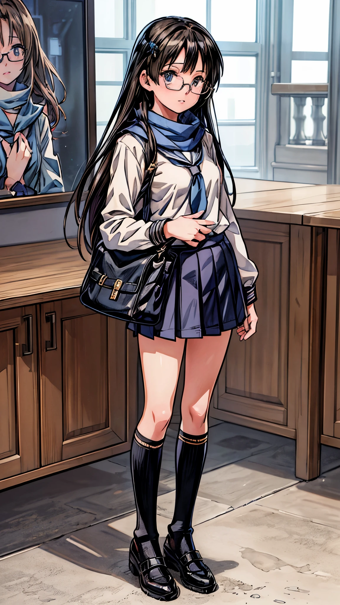 (highest quality,4K,8K,High resolution,table top:1.2), super detailed, (realistic,photorealistic,photo-realistic:1.37), ((full body)),(one 17 years old girl),(Glasses Girl),(rage),(Perplexed),(black hair),(long hair),((school-uniform)),(Scarf),(high socks), (pumps),(have a school shoulder bag),beautiful and fine eyes, beautiful detailed lips, highly detailed eyes and face, long eyelashes, realistic anime 3D style, Smooth anime CG art,Moe anime art style, photorealistic rendering of an anime girl,Cute anime girl visuals, realistic young anime girl, girl fan art, Created by Anime Artist Waiting to start