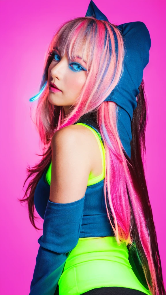 masterpiece, Highest quality, 4K, Realistic, Bokeh, Awareness-raising,1 perfect portrait of a girl, (A fascinating eye for perfect detail:1.2), Colorful Hair, (Gradient Hair), (Neon blue and pink soft long hair:1.6), (Cat ear:1.2), Fantasy Background, (Exposed bare shoulders), (Neon blue long sleeve), (Lean forward slightly), Tilt your head, Cinema Lighting, Larger clothes, (Seductive pose:1.4), (Neon blue and pink background:1.6), Beautiful Blue Eyes, close,