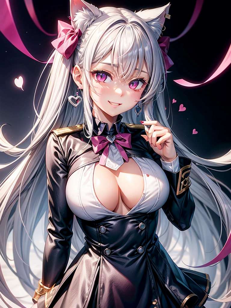 Silver hair, pink eyes, body, cat ears, sexy girl, earrings, heart fantasy background, uniform, hair bows, lay, happy face