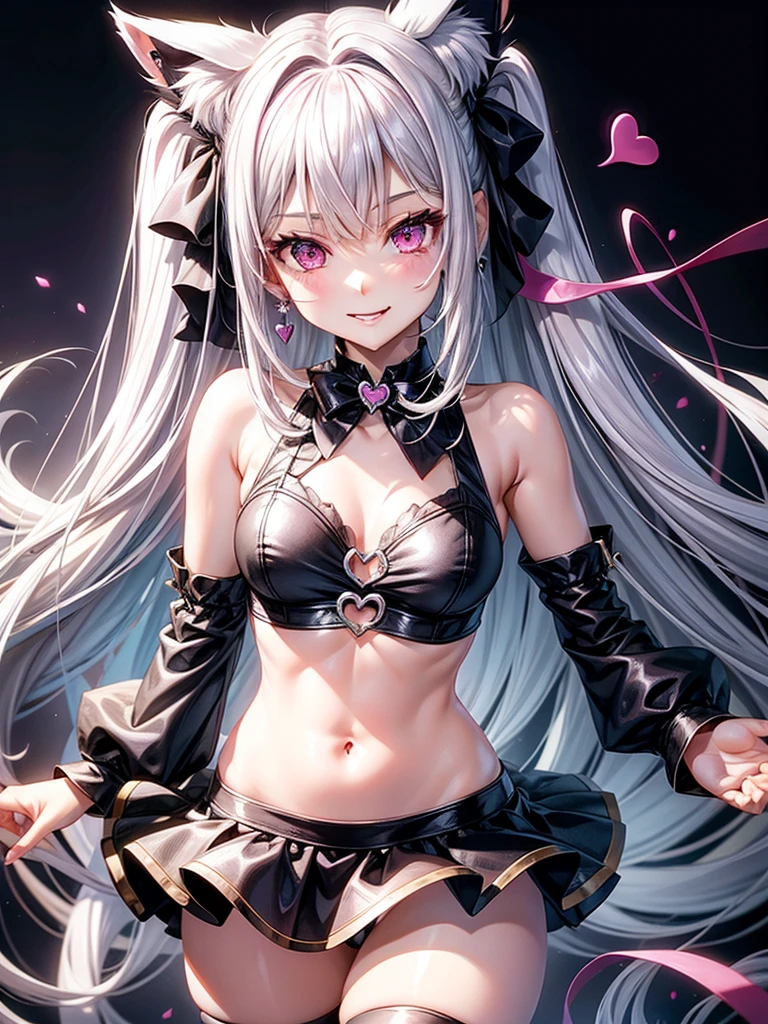 Silver hair, pink eyes, body, cat ears, sexy girl, earrings, heart fantasy background, uniform, hair bows, lay, happy face