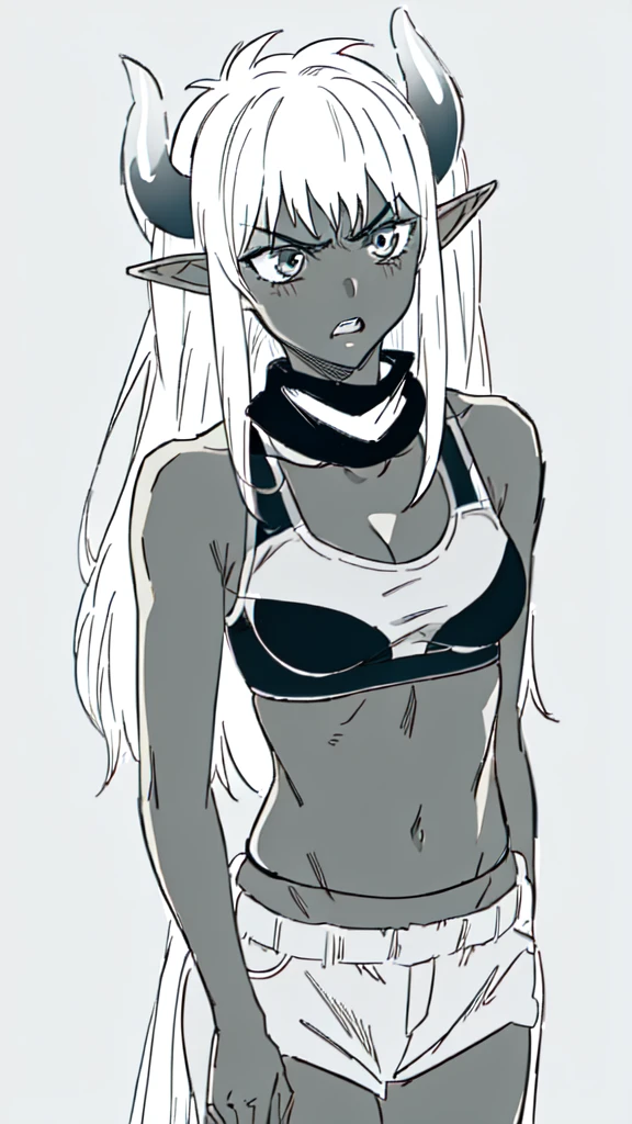 ((1girl,solo,mature female,15s,adult)),medium breasts,long hair, black hair,angry expression,horns,elf ears,black scarf,cleavage,(dark skin),((black sports bra, midriff)),white background