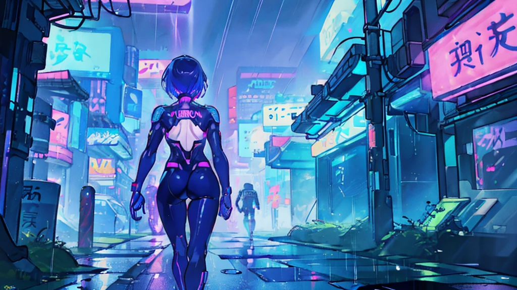 woman、Back view、Neon City、Cyberpunk City, Futuristic, heavy rain, 8K, アニメ壁紙 8K, Absurd, Super sharp, night, street, Japan, Blue atmosphere, raindrop, Rain-soaked body