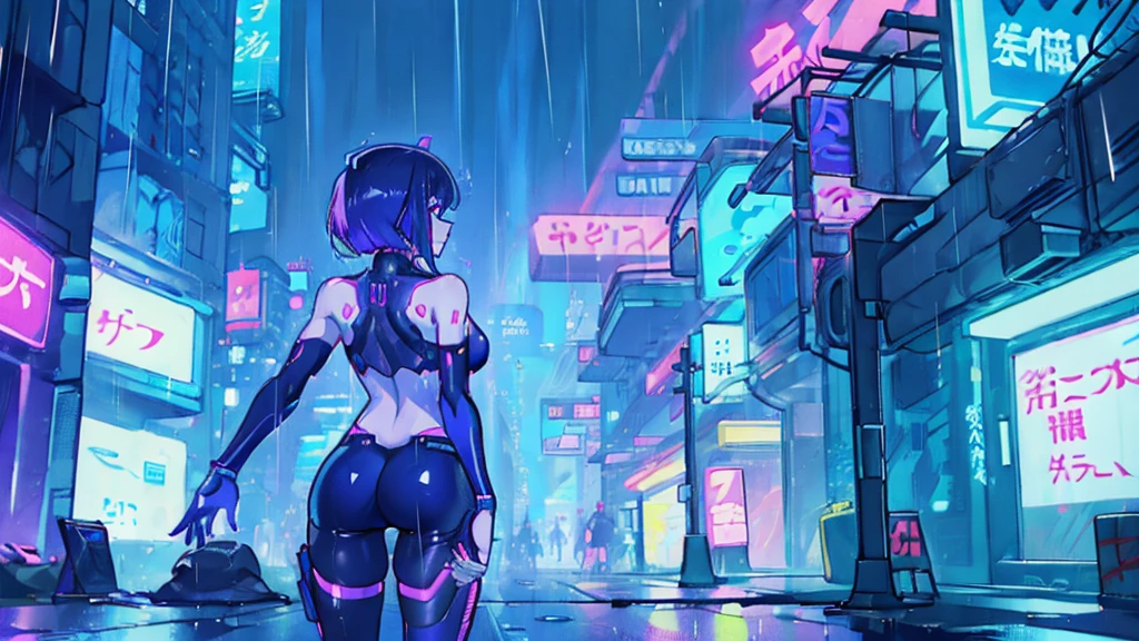 woman、Back view、Neon City、Cyberpunk City, Futuristic, heavy rain, 8K, アニメ壁紙 8K, Absurd, Super sharp, night, street, Japan, Blue atmosphere, raindrop, Rain-soaked body