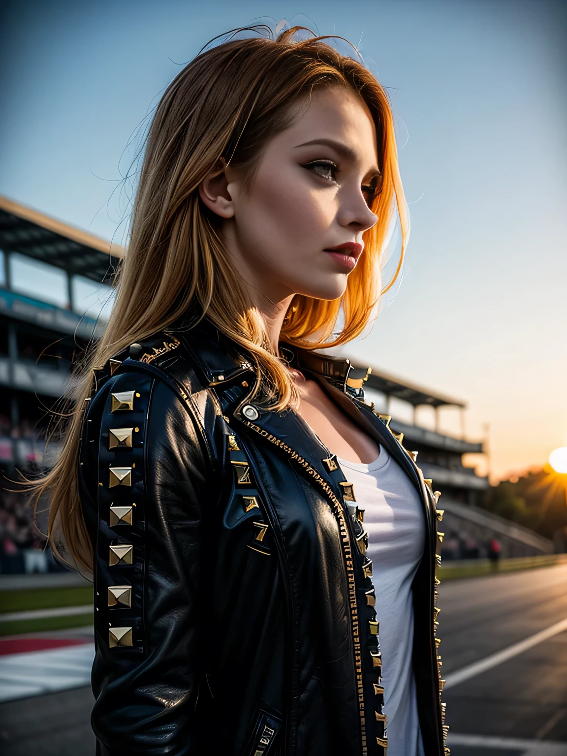 (masterpiece, photorealistic:1.4, extremely intricate:1.3, radiosity, photon mapping, dtx), ((20 year old muscular supermodel, ((25 years old), serious, long eyelashes, makeup:1.2), black leather trench coat, cleavage t-shirt, ((((chrome rivets)), side view:0.8, from below)))), ((([skin detail:freckles:0.6], portrait, closeup))), outdoor, NASCAR, faraway racetrack, professional photograph, (long curly [blonde hair:orange hair:0.2], wind), BREAK ((sunset), bokeh, blurry background), BREAK, ((([small breasts:large breasts:0.9])))