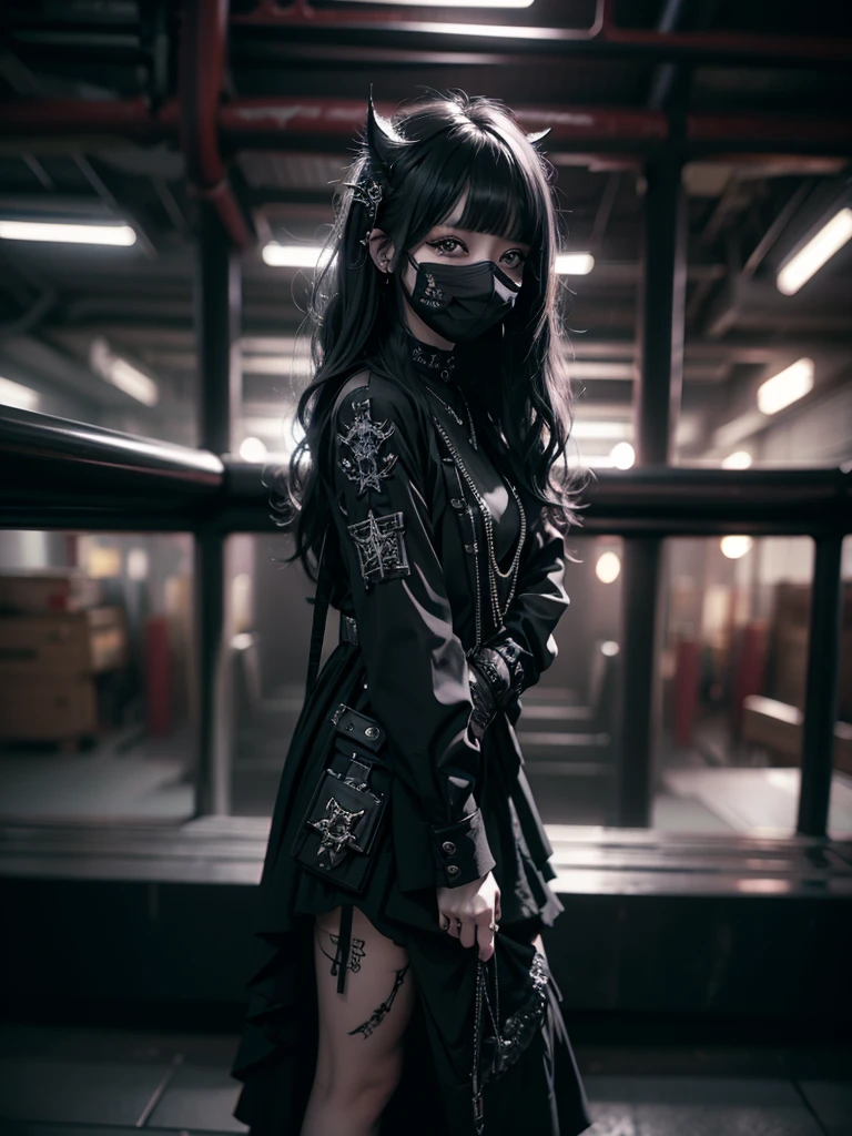 Highest quality、8K、masterpiece:1.3、Gothic Punk、The inside color is red、Black-haired、hair ornaments、Beautiful girl、creative、Dark Fantasy Style、Neogoth、Goth Fashion:1.2、High resolution、masterpiece、Highest quality、頭w:1.3、((Hasselblad Photos))、Fine skin、Sharp focus、(Cinematic lighting)、Realistic textured hair、((Black Mask)),Esbian all over、((View from below))