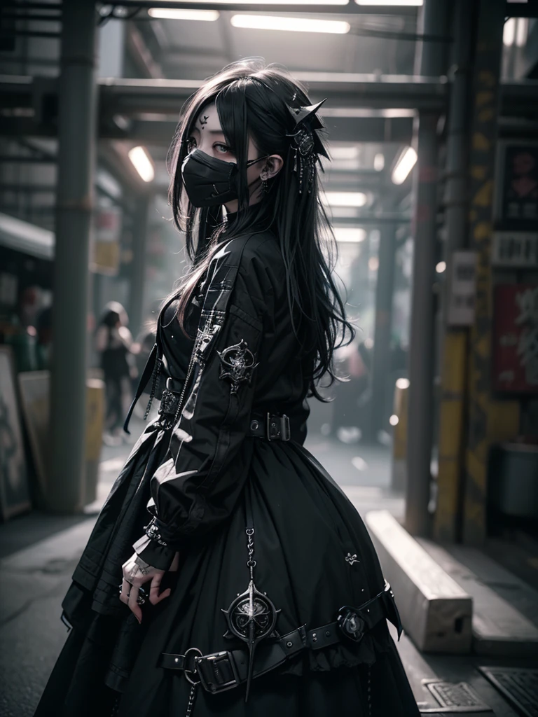 Highest quality、8K、masterpiece:1.3、Gothic Punk、The inside color is red、Black-haired、hair ornaments、Beautiful girl、creative、Dark Fantasy Style、Neogoth、Goth Fashion:1.2、High resolution、masterpiece、Highest quality、頭w:1.3、((Hasselblad Photos))、Fine skin、Sharp focus、(Cinematic lighting)、Realistic textured hair、((Black Mask)),Esbian all over、((View from below))