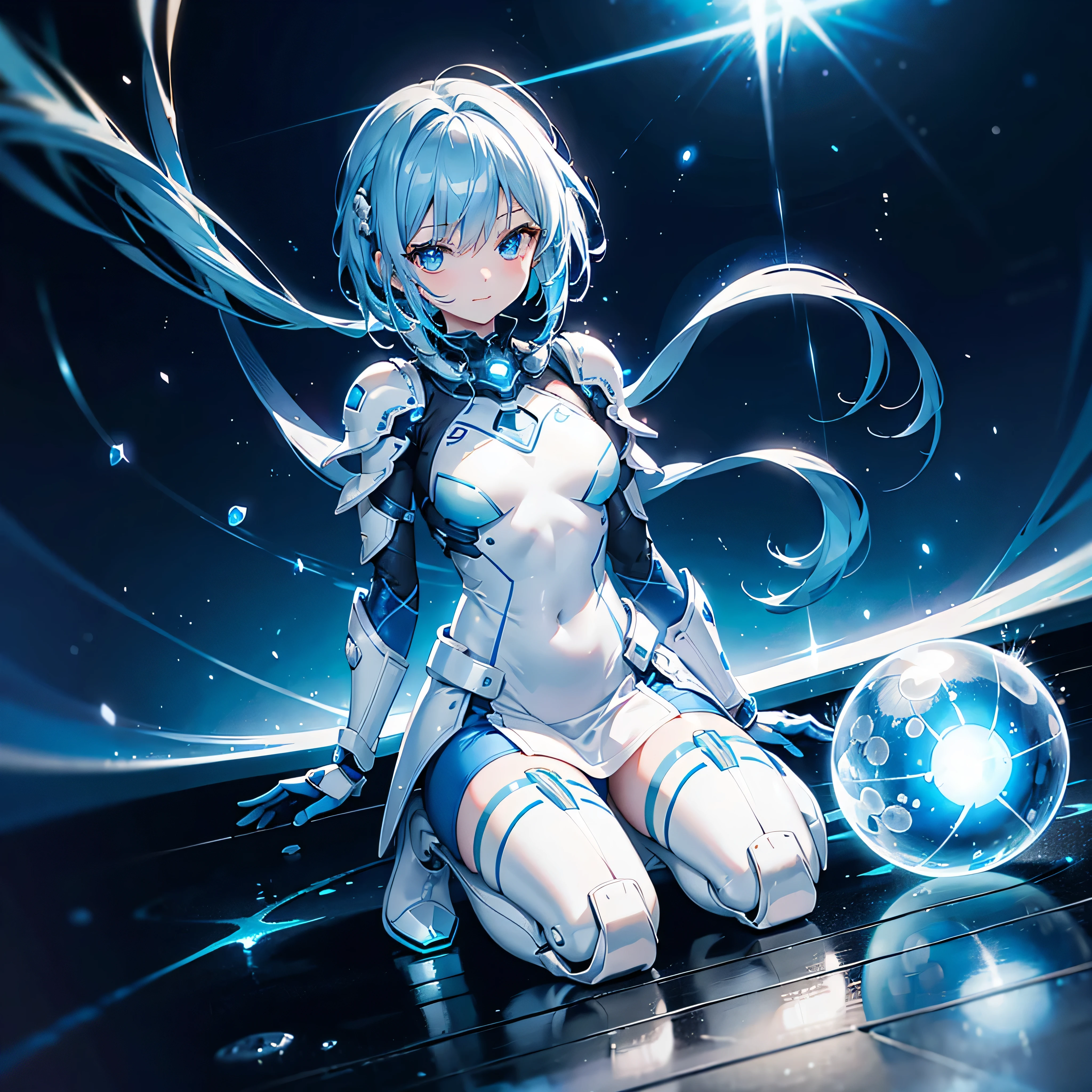 8K, Highest quality, (real:1.4), Original photo, 1 girl, Asari Hair, Biological Amplifier, Very sleek and futuristic armor, posture: Peace talks between warring factions,,attention arousal, smart blue eyes,A modest smile,Knee-high boots,Patent-look blue tights,Blue big moon and blue light swirl in the background,Blue light from behind,blue light magic,A small, glowing blue ball in the palm of your hand,Blue flame swirl,Blue Comet,Polished floor,