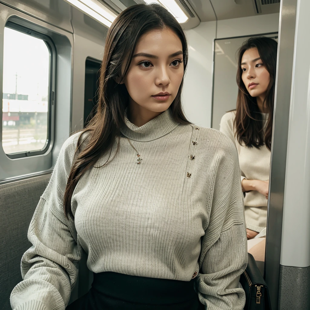 tall woman, train, Chinese, long sleeve sweater.