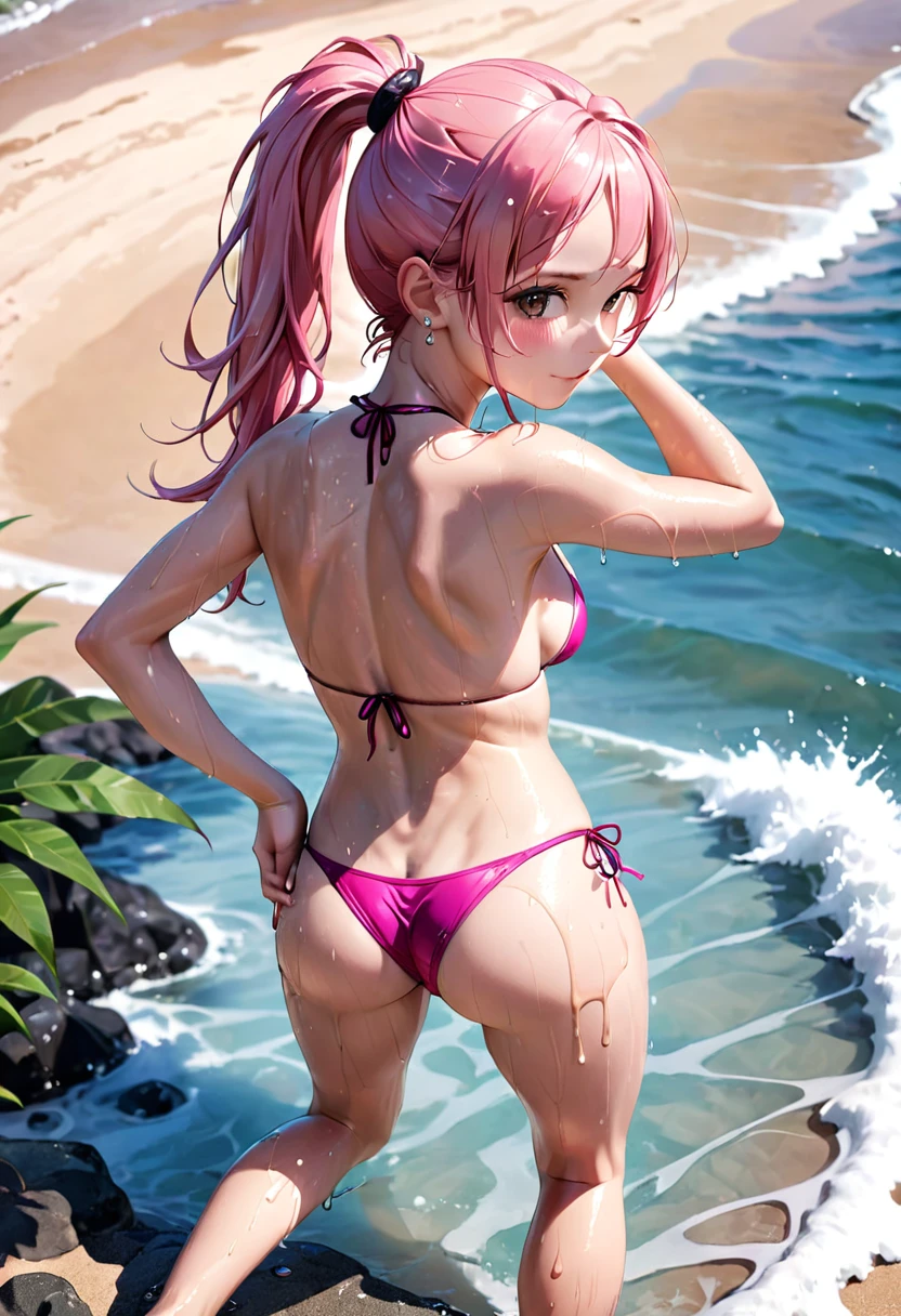 1 girl, depth of field, raw, realistic, posing, sexy girl, pink hair, ponytail, cute face, small breasts, nice body, fit, perfect ass, athletic, navel piercing, focus from above, sexy bikini, sea, beach, swimming, wet skin, wet hair