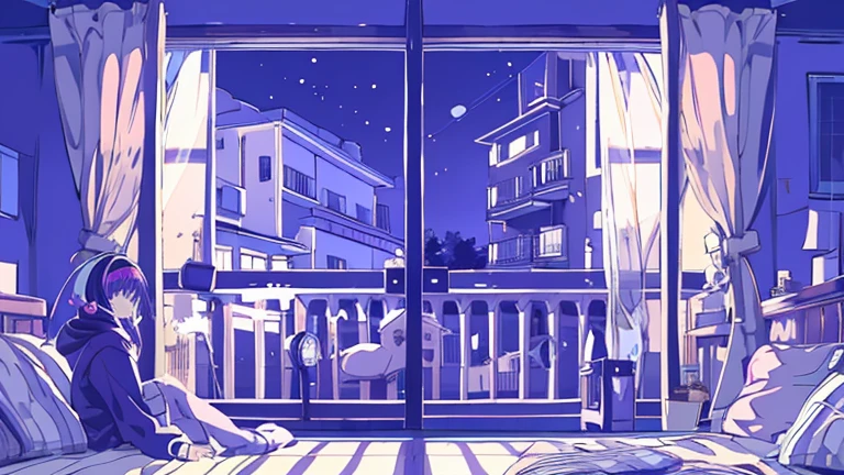 Detailed anime girls, clad in large sweaters, don headband headphones, basking in the praises of admirers. The quiet ambiance, enveloped in a tranquil atmosphere, contrasts the sudden exclamation of "That's horrible!" as she gazes out of her bedroom window into the stillness of the night. A feline companion perched beside her completes this masterpiece of the highest quality.