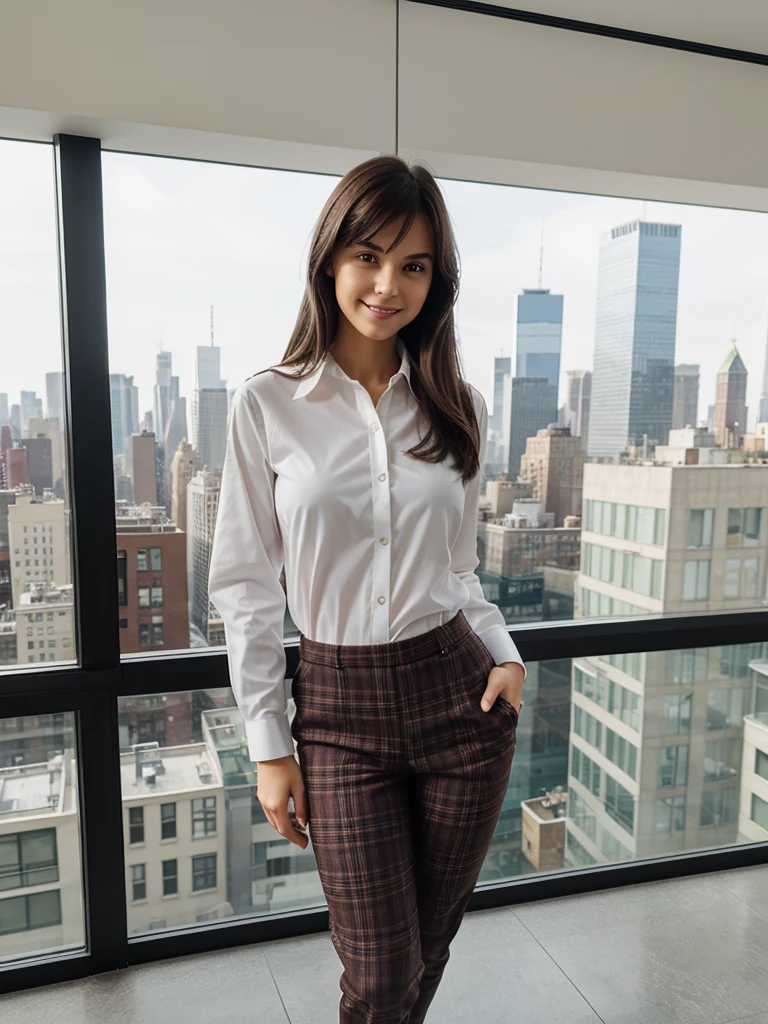 generated a full body of a 21 years old young woman with dark brown hair, medium size chest, innocent expression, With a shy smile, In a studio with floor-to-ceiling windows overlooking the bustling city, a model wears tailored plaid thigh pants paired with a crisp white long-sleeve shirt. The shirt features exaggerated cuffs and a structured collar, adding a modern twist to the classic combination. The sharp lines and patterns of the outfit are perfectly complemented by the geometric shapes of New York's skyscrapers