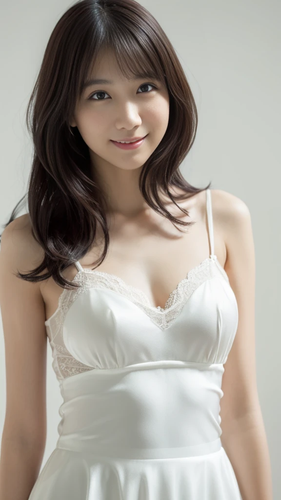 ((1 girl)), Very beautiful Japanese idol portraits, (RAW Photos, Highest quality), (Realistic, Realistic:1.4), (masterpiece), Very delicate and beautiful, Very detailed, 2k wallpaper, wonderful, finely, Very detailed CG Unity 8K 壁紙, Very detailed, High resolution, Soft Light, Beautiful detailed girl, Very detailed目と顔, Beautiful and detailed nose, finelyて美しい目, Cinema Lighting, (Simple light color background:1.3), (Long Hair), (Parted bangs), Complete Anatomy, Slender body, Small breasts, smile, ((Full body shot)), , (White chemise),(Panty lines),Sexy pose,Vibrant,((secretary)),Slender,(Long legs),(White long slip skirt),((race)),Thin silk-like,