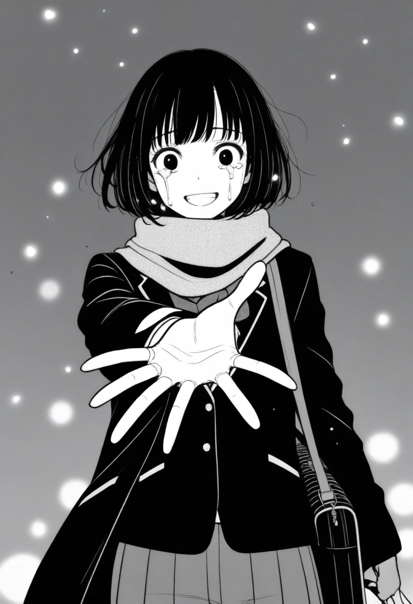 masterpiece, best quality, 1girl, mamerakkkkko, grayscale, manga style, japanese, chi no wadachi, black eyes, street, iced, black hair, schoolbag, smile, lineart, black coat, black scarf, black pleated skirt, leggins, centered, 18 years old, tall, fair skinned, bokeh background, crying, tears, tears streaming, bob cut, light particles, centered, snowing, (((reaching out left hand to viewer, perfect hand, detailed hand:1.1)), emotional anime scene
