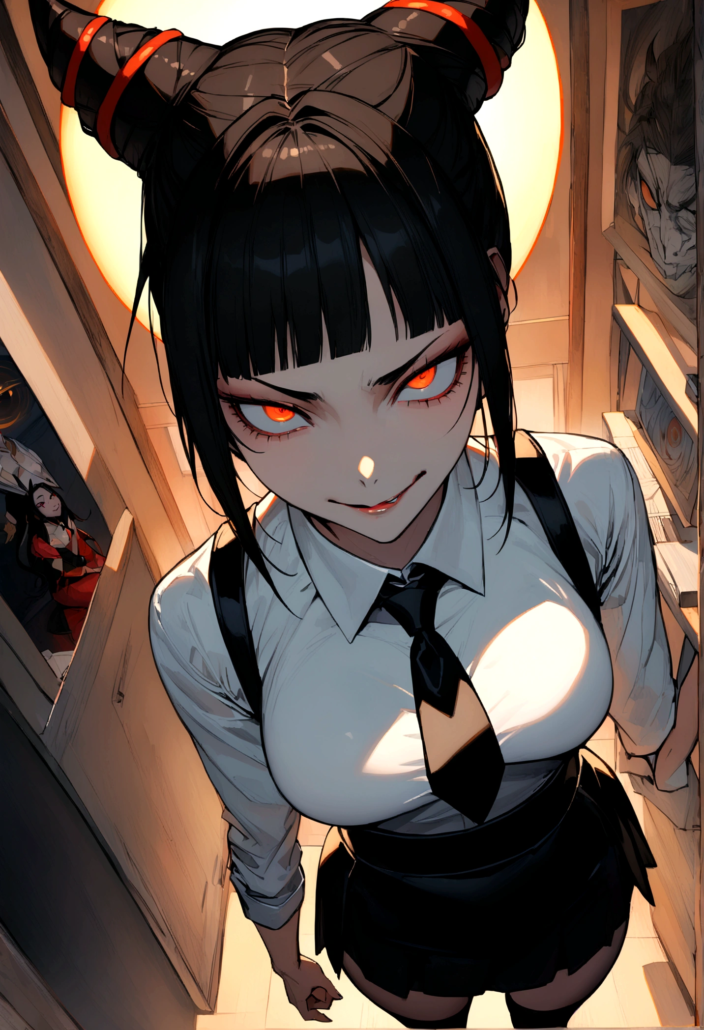 juri han, work of art, tight white secretary shirt with black tie, black high waist skirt, short skirt,stocking, black hair, black tightscary sun,office,bangs on the eyes,lighting,horn of hair,view from above,staring overhead,evil smile
