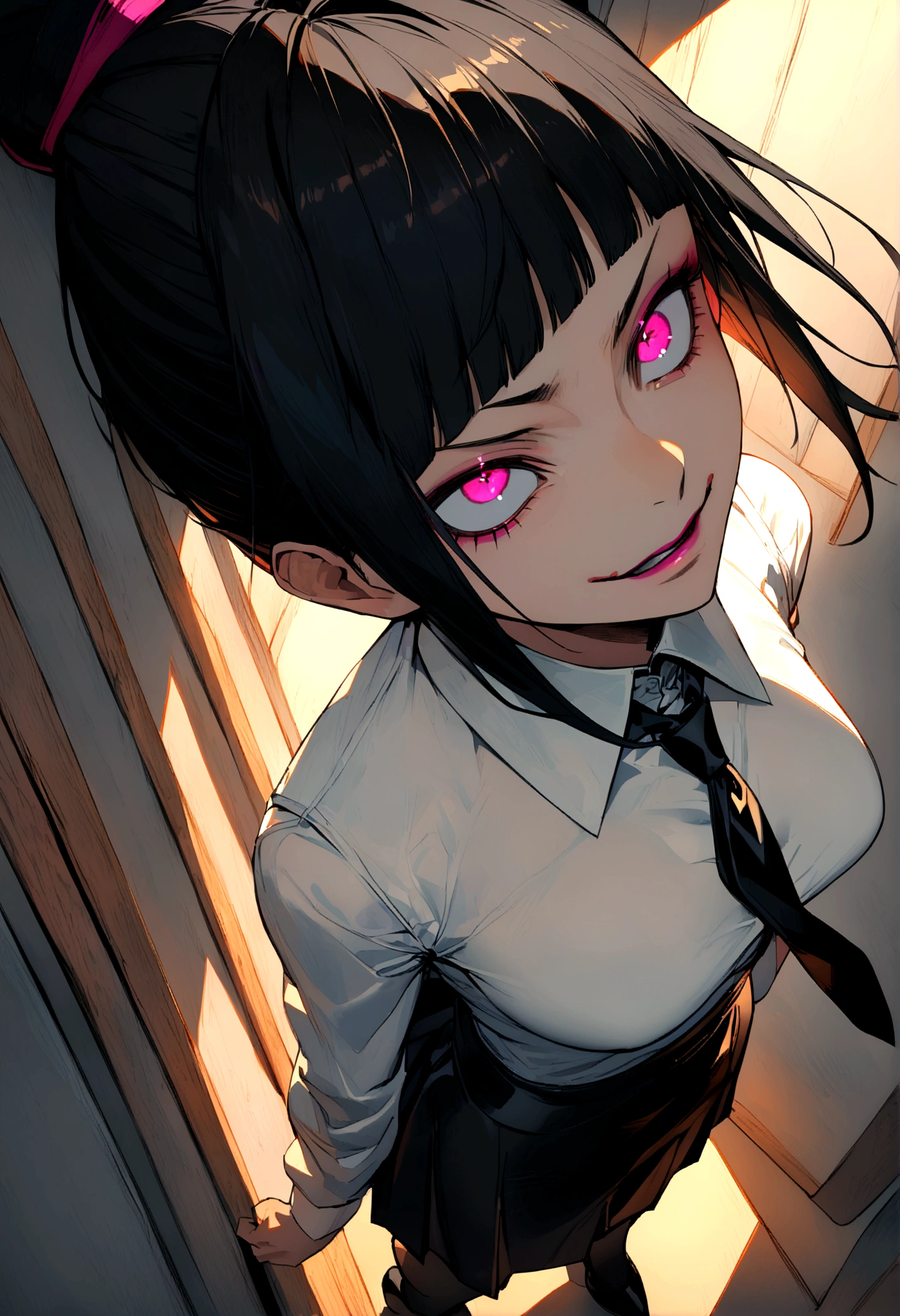 juri han, work of art, tight white secretary shirt with black tie, black high waist skirt, short skirt,stocking, black hair, black tightscary sun,office,bangs on the eyes,lighting,horn of hair,view from above,staring overhead,evil smile
