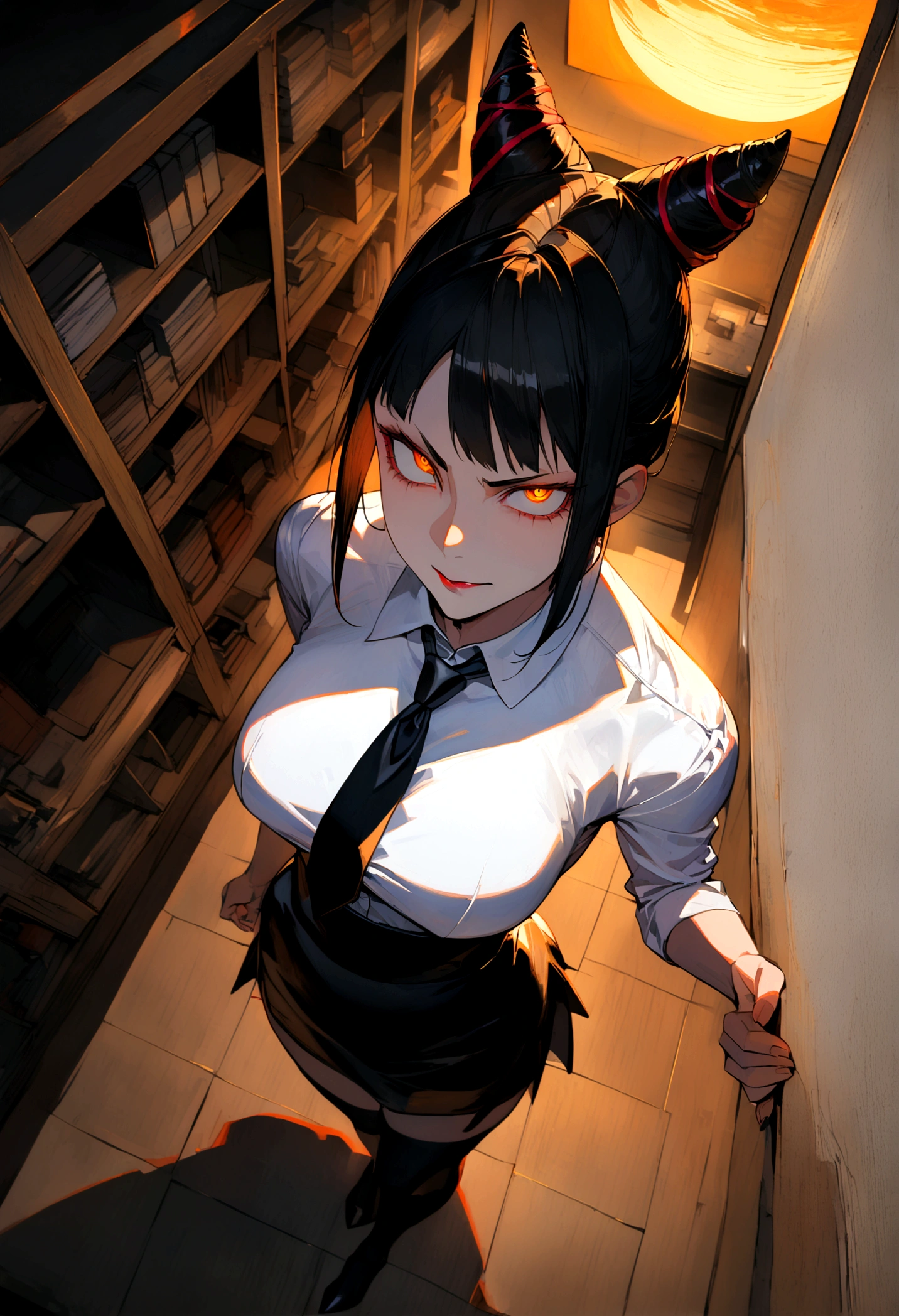 juri han, work of art, tight white secretary shirt with black tie, black high waist skirt, short skirt,stocking, black hair, black tightscary sun,office,bangs on the eyes,lighting,horn of hair,view from above,staring overhead,evil smile
