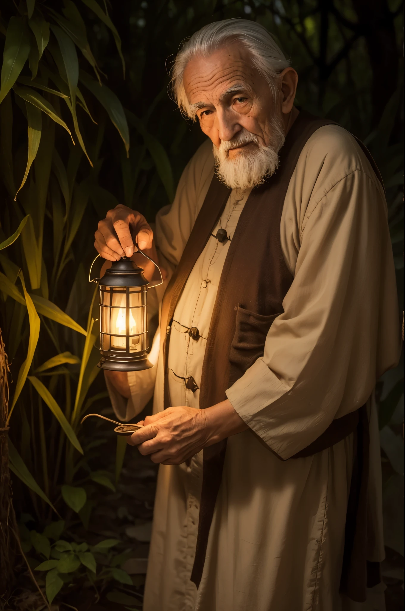 A wise old man, with an oil lantern in hand, em uma floresta escura