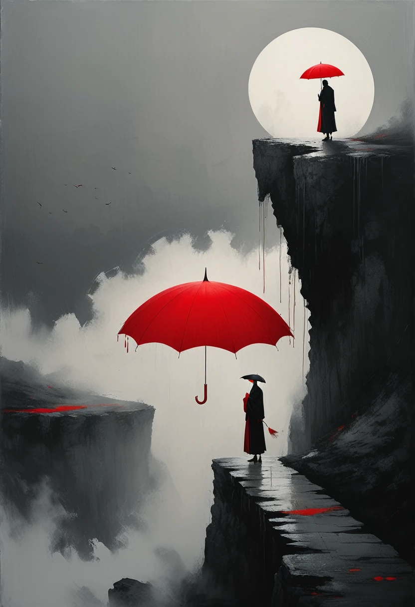 a simple,minimalist illustration, 1 red umbrella suspended in the air,tassels on the umbrella,solitary figure,on a cliff edge,bridge