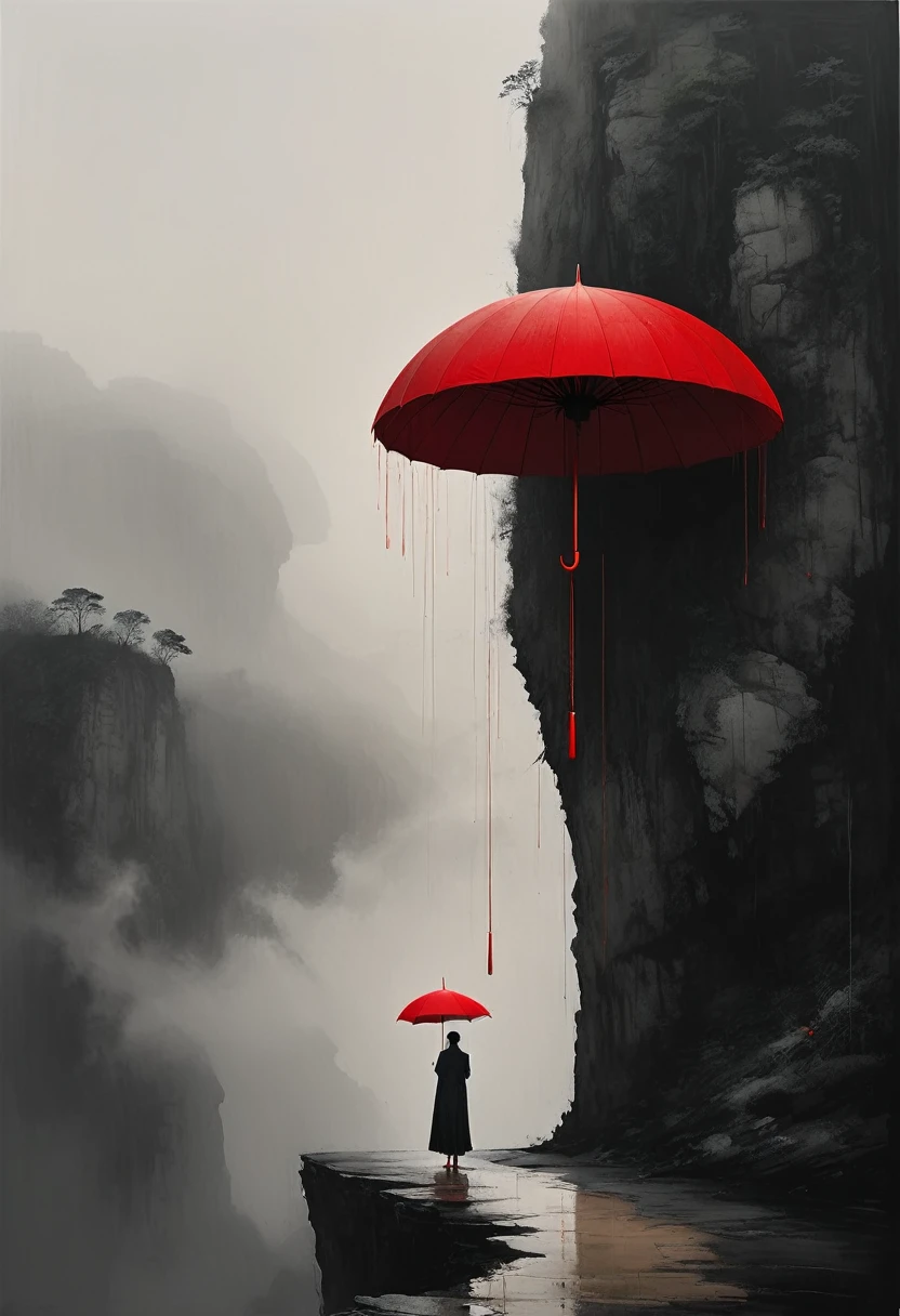 a simple,minimalist illustration, 1 red umbrella suspended in the air,tassels on the umbrella,solitary figure,on a cliff edge,bridge