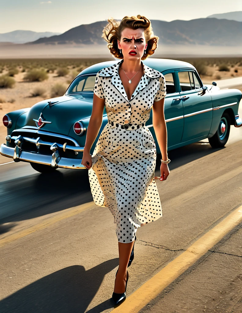 1950s style, angry [woman:Maude Adams:0.1] in a polka dot dress, leaving her broke down and steam comes out of her Hudson Hornet classic car, walking towards camera, fists clenched, empty highway in the desert, perfect face, ultra sharp focus, high quality, ultra high resolution, cinematic, masterpiece, Annie Leibovitz Photography Style