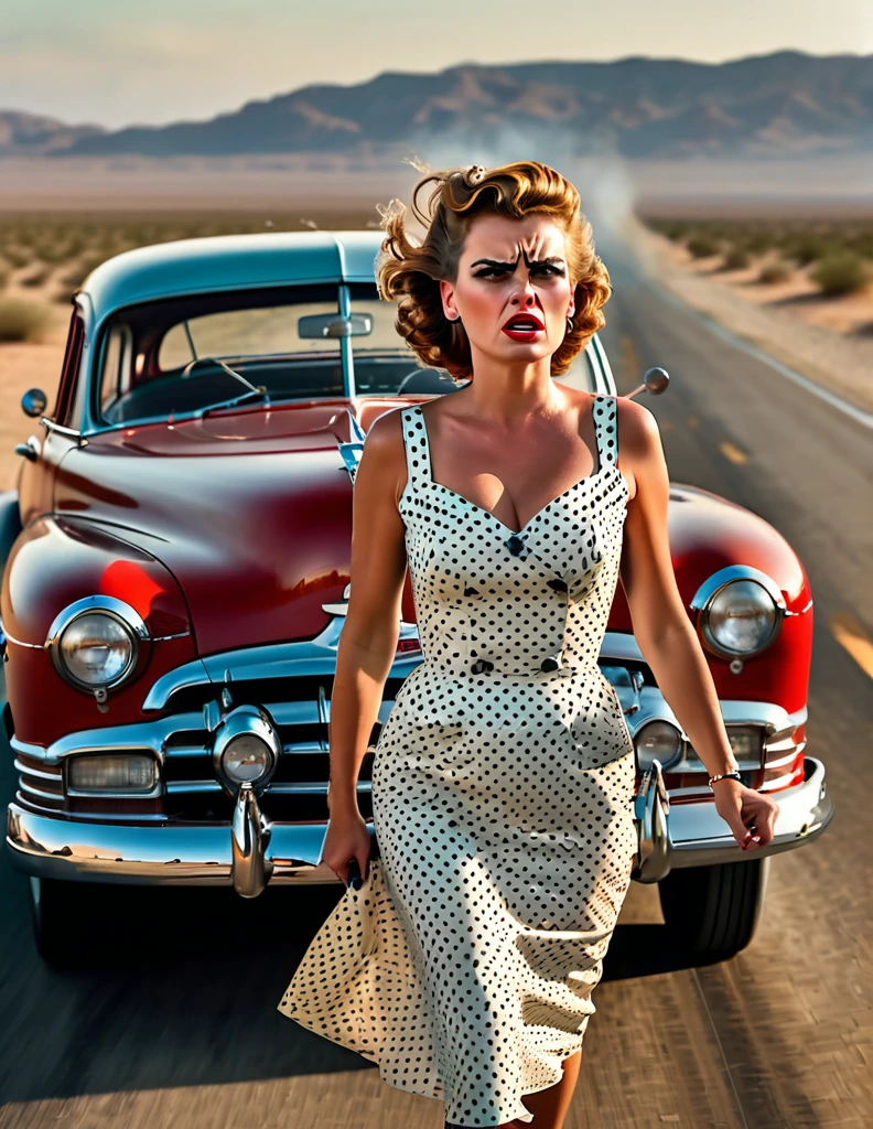 1950s style, angry [woman:Maude Adams:0.1] in a polka dot dress, leaving her broke down and steam comes out of her Hudson Hornet classic car, walking towards camera, fists clenched, empty highway in the desert, perfect face, ultra sharp focus, high quality, ultra high resolution, cinematic, masterpiece, Annie Leibovitz Photography Style